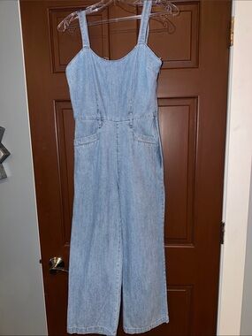 Light Wash Denim Jumpsuit with Wide Legs
